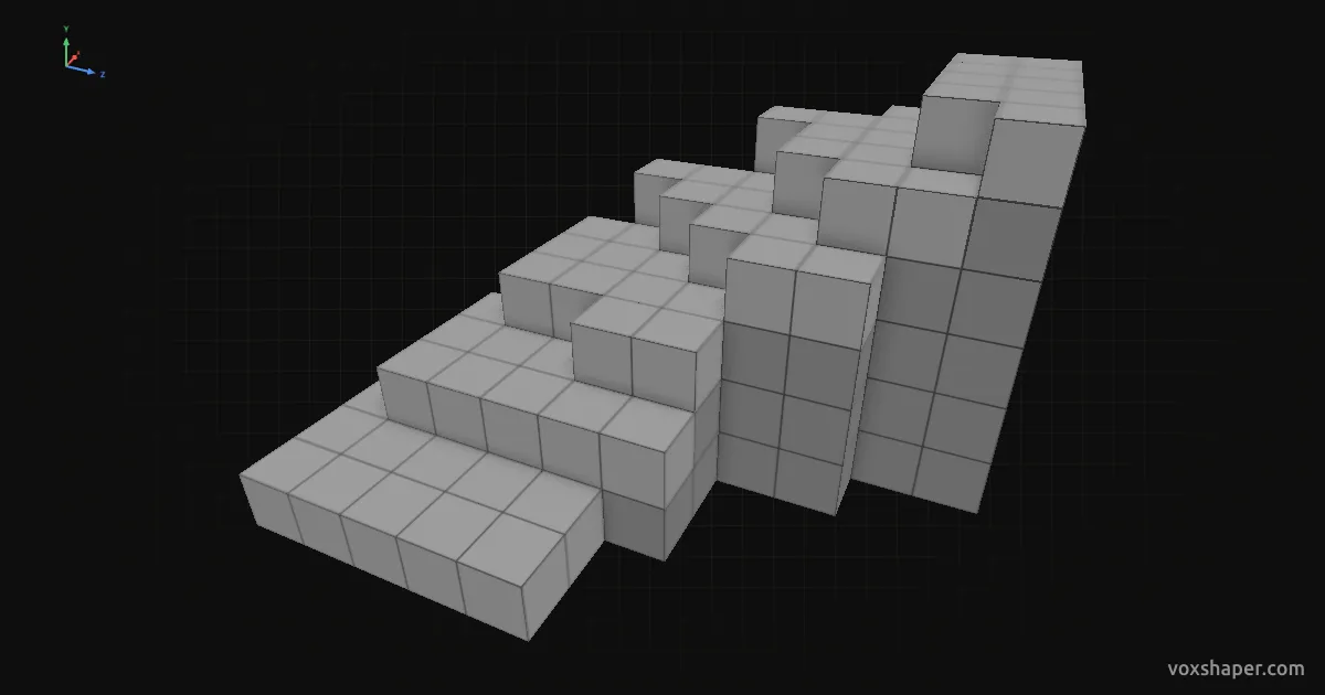 Escalera curva de Minecraft hecha de bloques completos sobre una base maciza en la vista previa 3D de VoxShaper