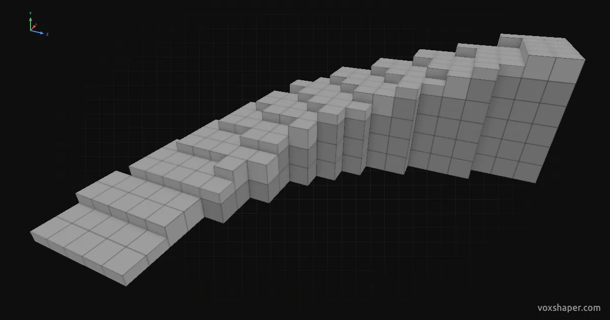Escalera curva de Minecraft hecha de medias losas sobre una base maciza en la vista previa 3D de VoxShaper